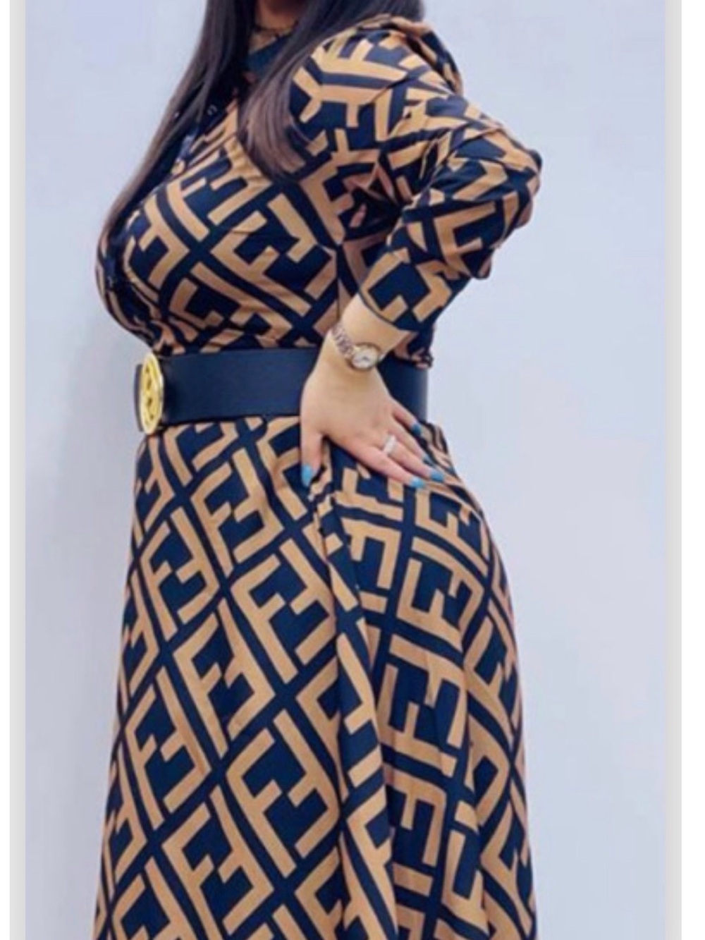 Geometric Print navy blue and Tan Long Dress